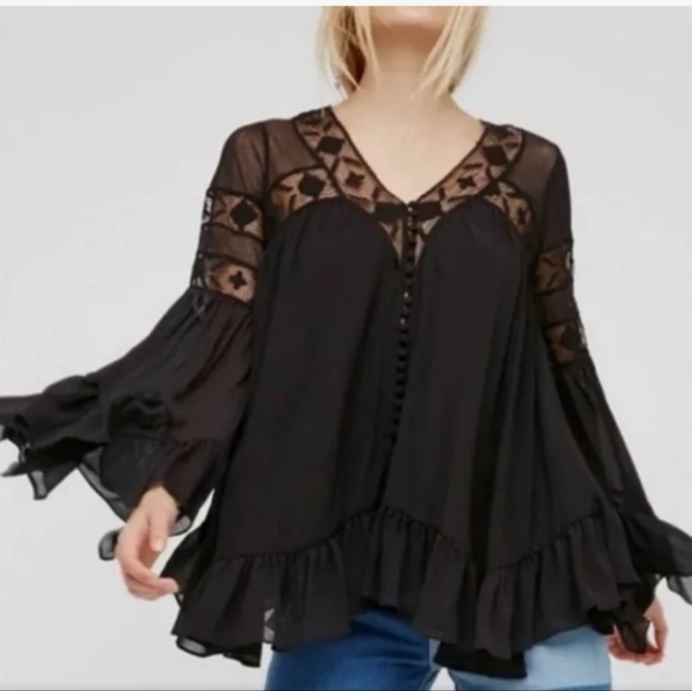 Free People All Night Tunic Lace Crochet Bohemian Bell Sleeve V Neck Black SZ XS